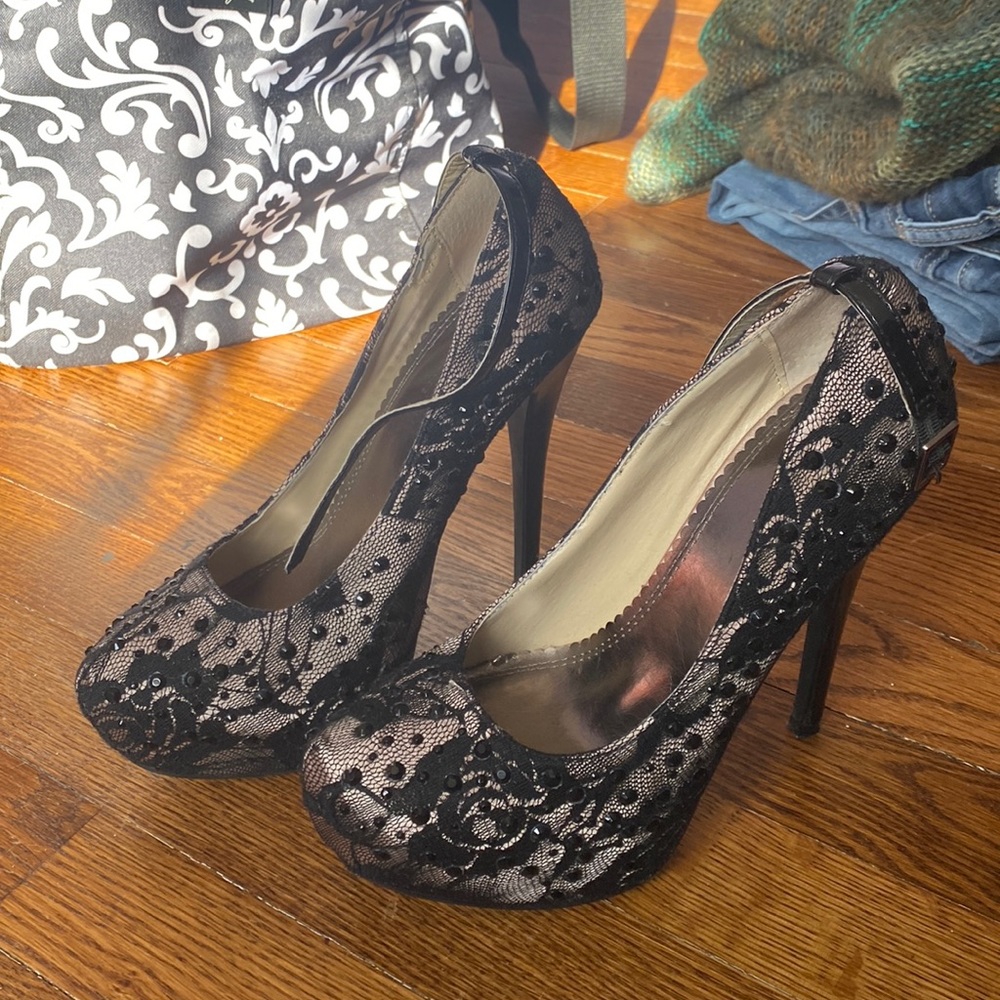 Black lace studded platform heels